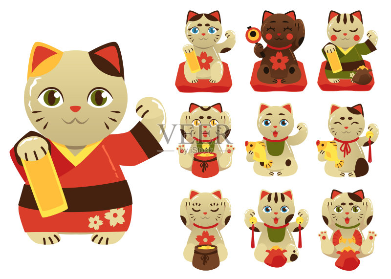 招财猫吉祥物扁平风格合集图标素材