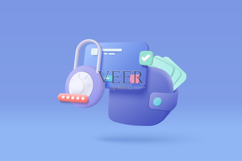 蓝色背景在线支付3D保护图标：电商钱包金融信用卡支付安全保护图标素材