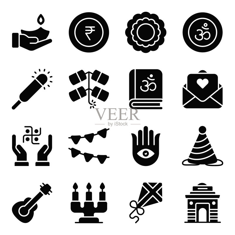 排灯节图标集，glyph矢量图标，排灯节印度教节日元素图标素材
