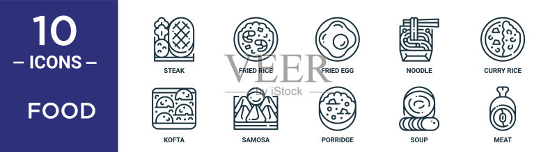 多种餐饮菜肴线稿图标集，适用于网页设计图标素材