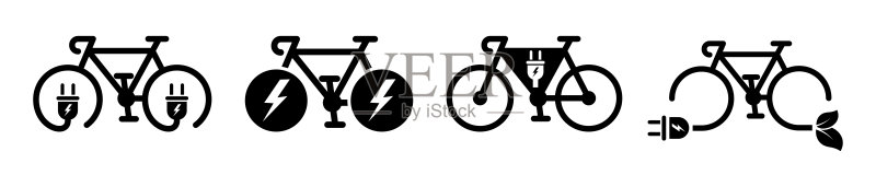电动自行车矢量图标组合：自行车电池充电，绿色交通图标素材