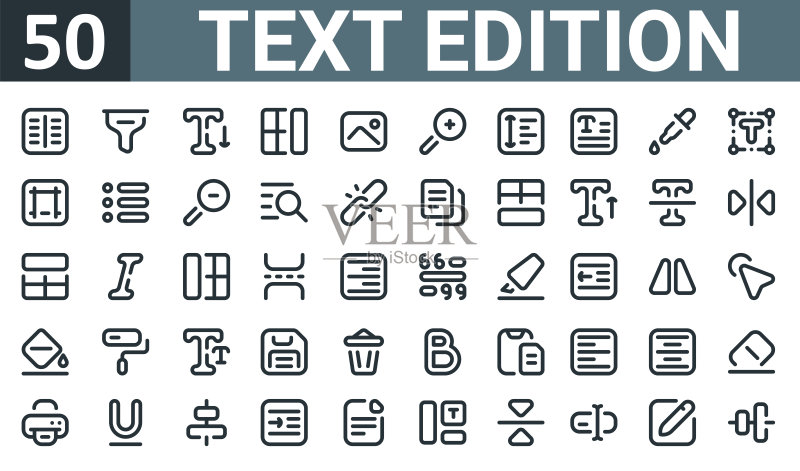 50个轮廓Web文本编辑图标集，适用于报告、演示文稿、图表、网页设计、移动应用图标素材