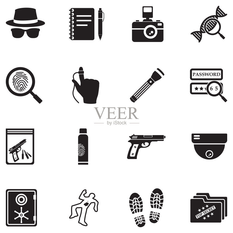 私人侦探图标。黑色扁平设计。矢量图。图标素材