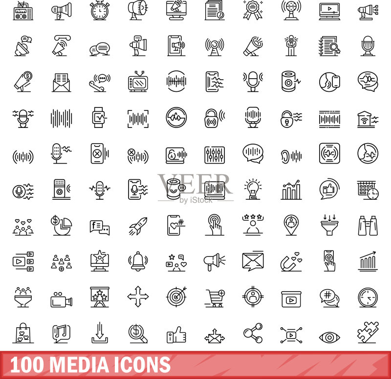 100个线性风格媒体图标集图标素材