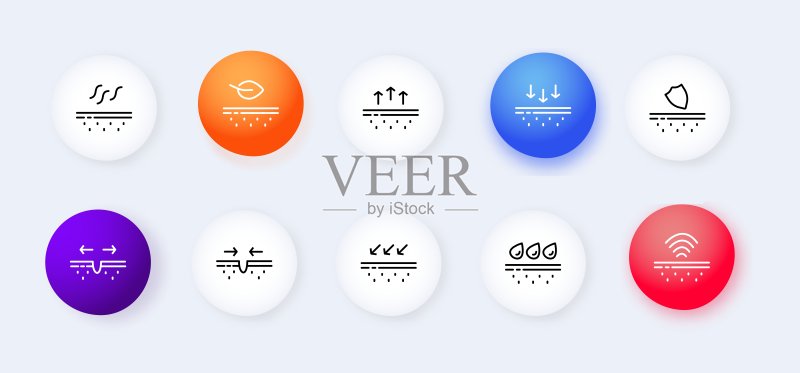 皮肤保护图标集：保湿、护手霜、面膜、痤疮治疗、防腐剂、剃须、保湿。皮肤护理概念。新拟物风格。商业和广告矢量线条图标图标素材