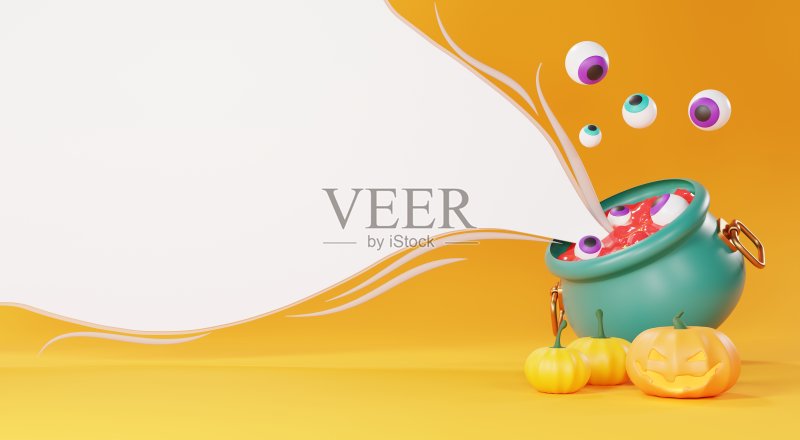 3d渲染，快乐的万圣节背景与夜景和可爱的幽灵般的设计。万圣节南瓜，幽灵，女巫的坩埚和出没的房子在橙色背景与糖果主题。正版插画素材