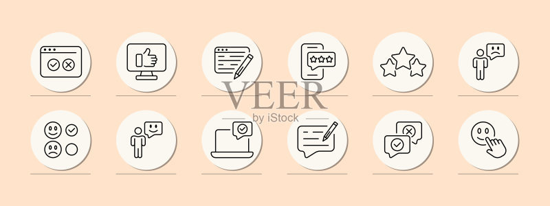 意见反馈图标集，评价服务、带复选标记的剪贴板、赞、踩、饼图、清单、盒子、评级星、竖起大拇指、表情符号、反应、评论，交流，柔和的彩色背景图标素材