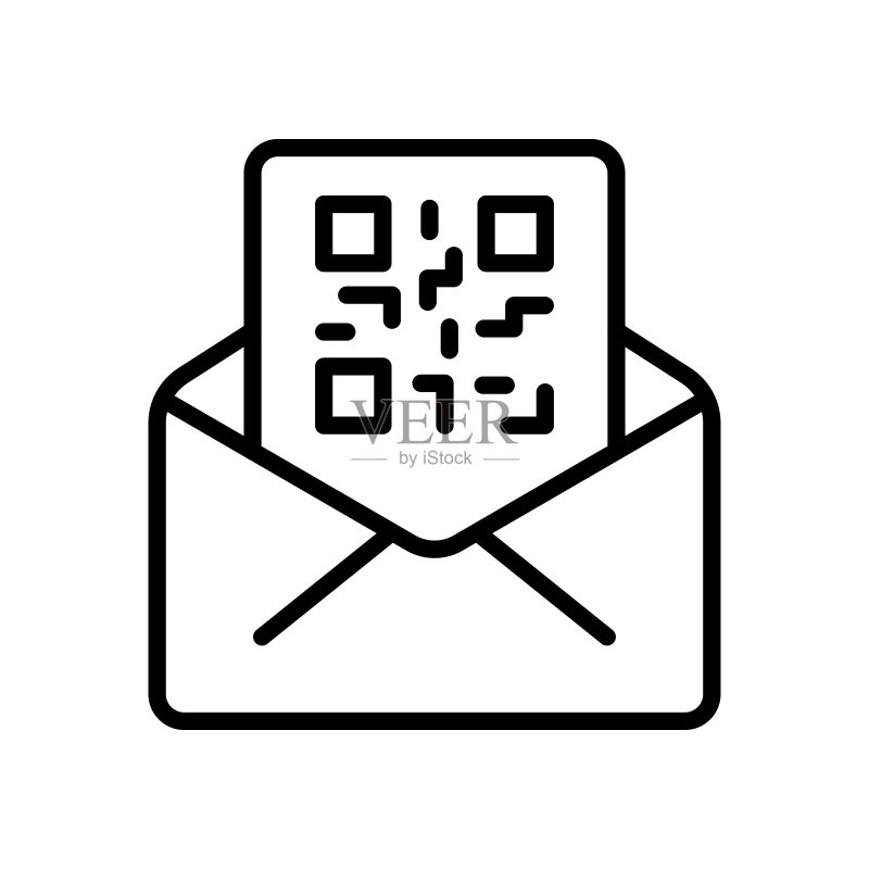 带有QR码的邮件线条图标。贴纸、产品标签、加密信息、垃圾邮件、扫描、放大镜、扫描、接收、购物。科技概念。矢量黑色线条图标图标素材