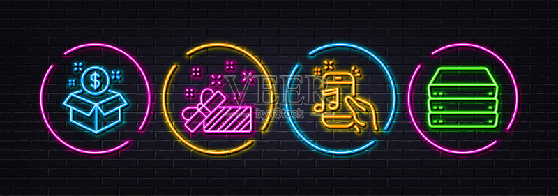 音乐手机、礼品和帖子极简线条图标，适用于Web应用和印刷，霓虹激光3D灯光矢量素材图标素材