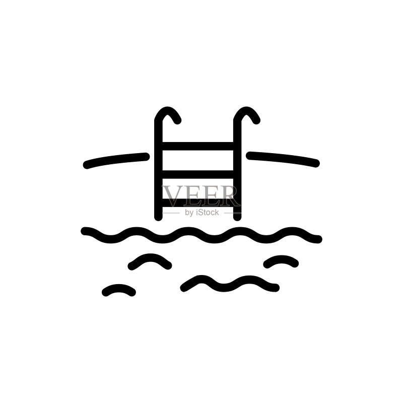 游泳池线条图标：下水梯、水滴、沐浴、波浪、海洋、潜水概念，白色背景上的黑色线条图标图标素材