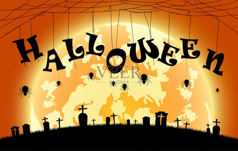 插图万圣节的节日背景，满月在黑暗的夜晚与蜘蛛在坟墓上，许多鬼和魔鬼步行到城堡庆祝万圣节的日子正版插画素材