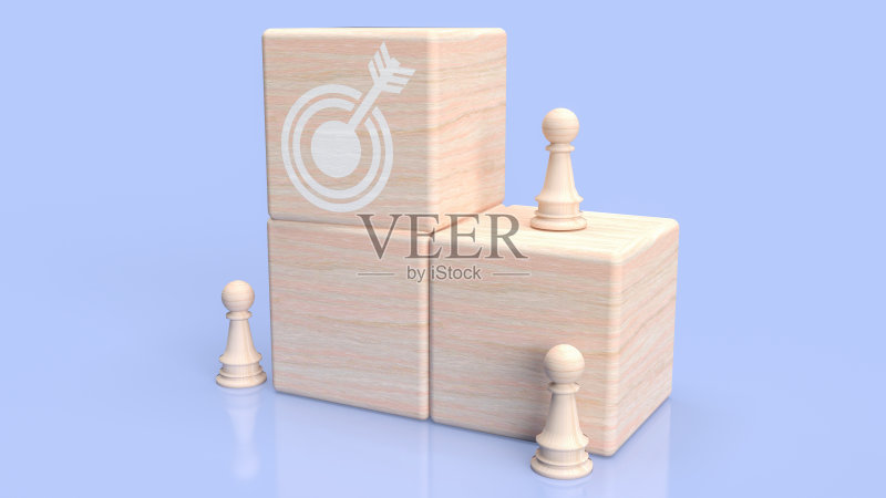 木制方块上的目标图标，用于抽象或商业概念3D渲染图标素材