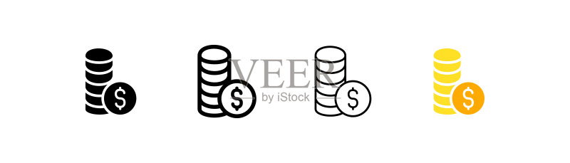 货币组合图标。带美元符号的成堆硬币。折扣、商业、税务、利润、支出、损失、收入。现金概念。白色背景上的四种不同矢量图标图标素材
