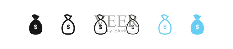 钱袋图标。现金符号。美元袋符号。银行图标。蓝色和黑色。矢量符号。图标素材