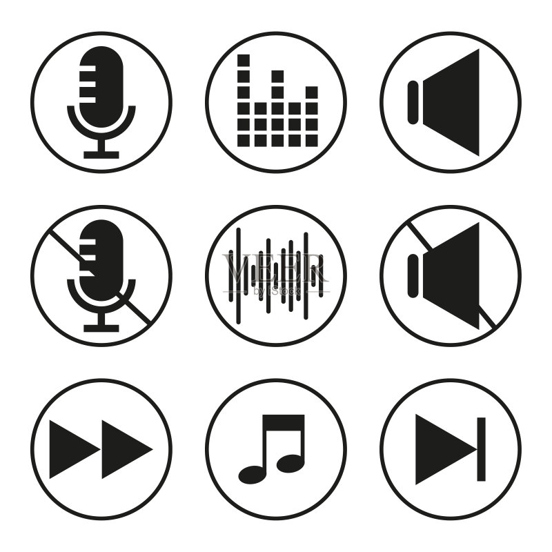 声音图标：扬声器图标、扩音器扬声器、播放视频按钮矢量图图标素材