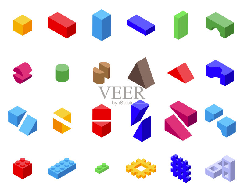 儿童积木图标集2.5D矢量图：木制玩具图标素材