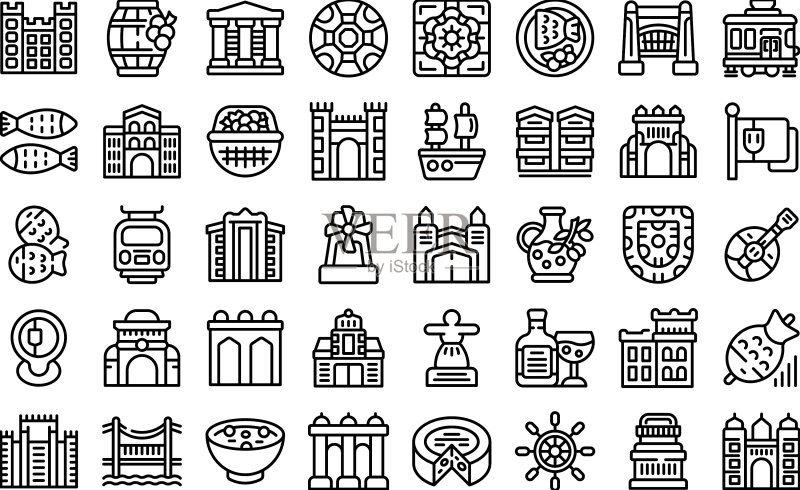 里斯本图标集轮廓：葡萄牙城堡图标素材