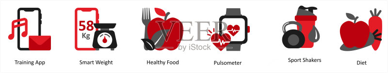 六个红黑医疗图标：训练、智能、健康饮食图标素材