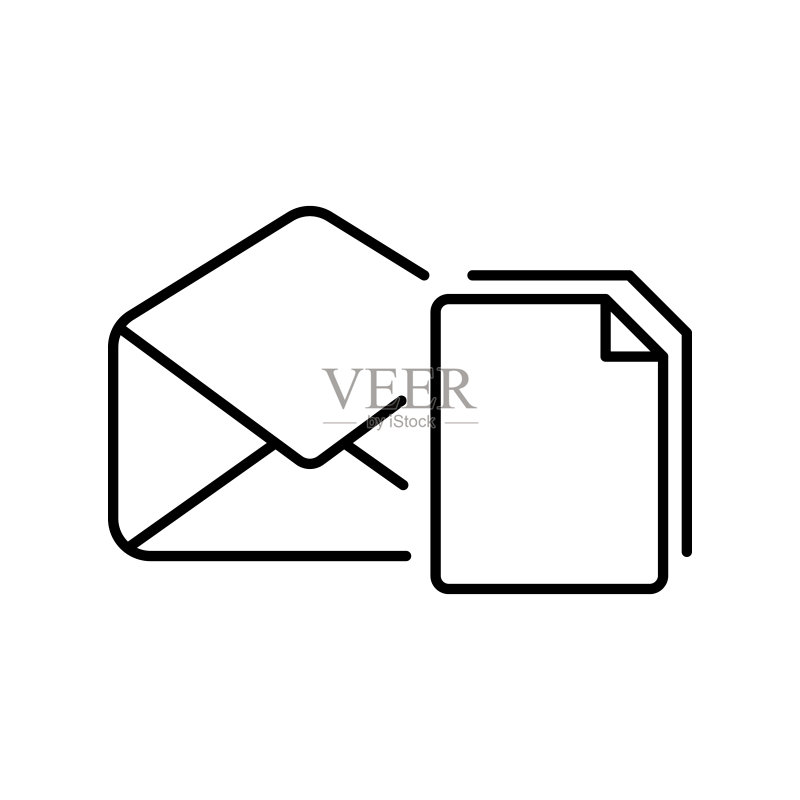 包含文件线条图标的信封：数据、通信、文件共享、附件、消息、信息、在线、互联网。通信概念。白色背景上的矢量黑色线条图标图标素材