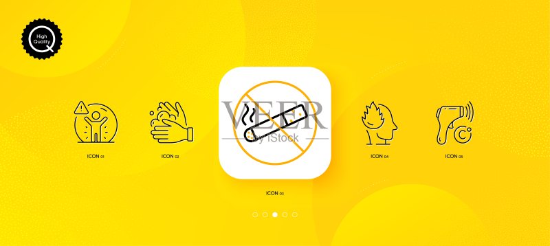 电子体温计、禁止吸烟和社会距离极简线条图标矢量素材，适用于网页应用程序和印刷图标素材