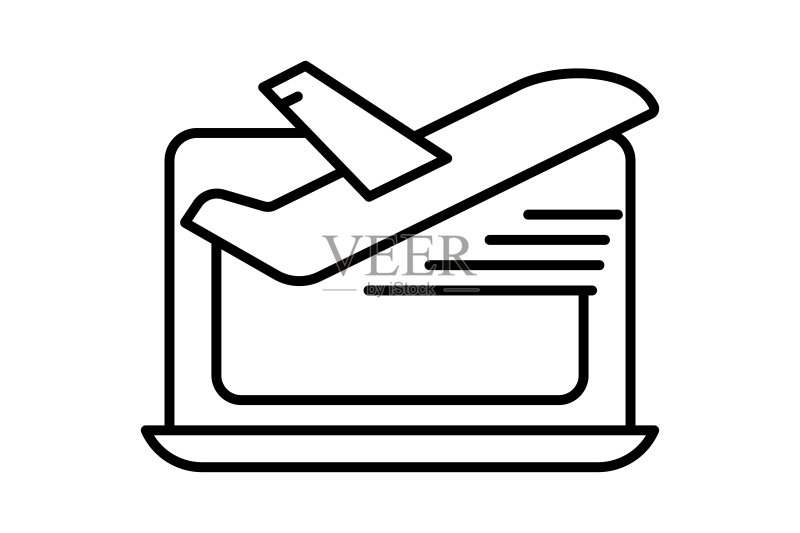 航班预订图标插图。带有笔记本电脑的飞机图标。与运输、旅游、旅行相关的图标。线条图标风格。简单的矢量设计可编辑图标素材