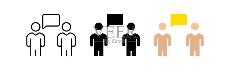 对话者图标集：人群、气泡、商务、辩论、团队、计划、论坛和会议等沟通概念矢量线条图标图标素材
