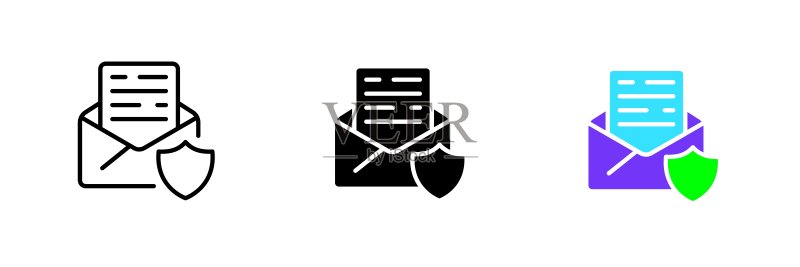 带盾牌的信件：秘密信件、消息、邮件、个人数据保护、隐私。矢量线性图标，黑白彩色样式，在白色背景上隔离图标素材