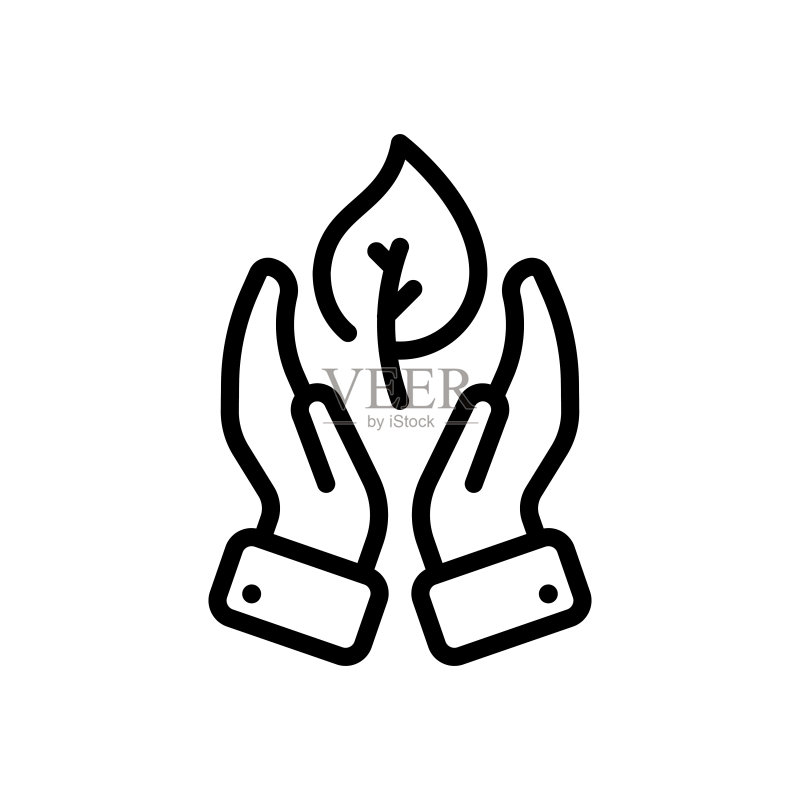 手与叶子线条图标：手、人、植物、生态、动物群、植物群、星球、小心轻放、保护、养护。自然概念。白色背景上的矢量黑色线条图标图标素材