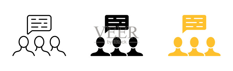讨论图标集：对话者、气泡、商业、辩论、团队、计划、策略、论坛、会议、文本交流概念，不同风格的矢量线性图标图标素材