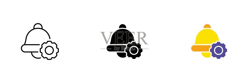 闹钟齿轮图标：通知与闹钟设置，黑白彩色线性风格矢量图标集图标素材