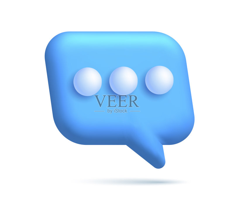 带有三个点的蓝色逼真语音气泡图标的3D图。网格矢量对话云。有光泽的聊天高质量矢量。闪亮的云泡沫说话文本，聊天框，消息框对话社交媒体图标素材