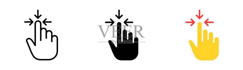控制手势设置图标。手、手指、触摸屏、双指轻击、按压、推送、滑动、箭头。技术概念。白色背景上的线条、黑色和彩色样式的矢量图标图标素材