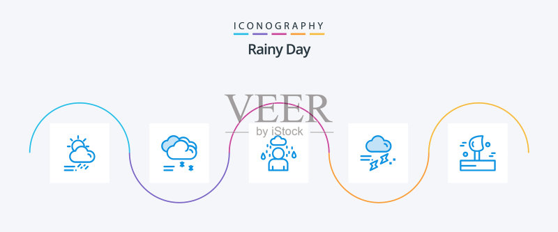 蓝色下雨5图标包，包含吹风下雨图标素材