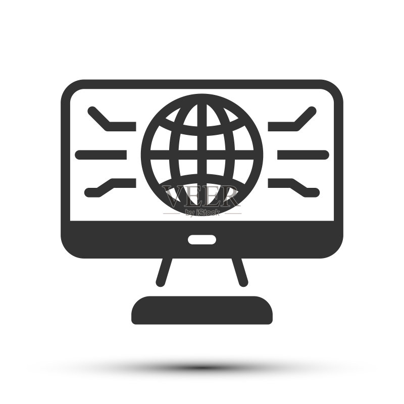 白色背景上的简约电脑轮廓图标：机器与科技概念图标素材