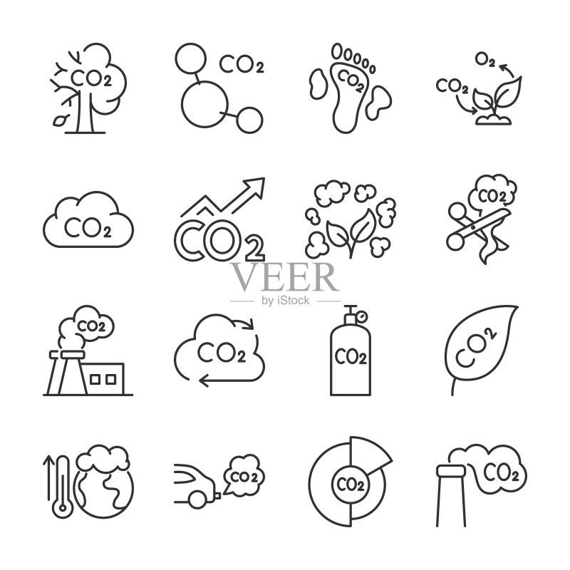 二氧化碳气体图标集：CO2、污染排放、过量气体分析与控制，线性图标集合，可编辑描边图标素材