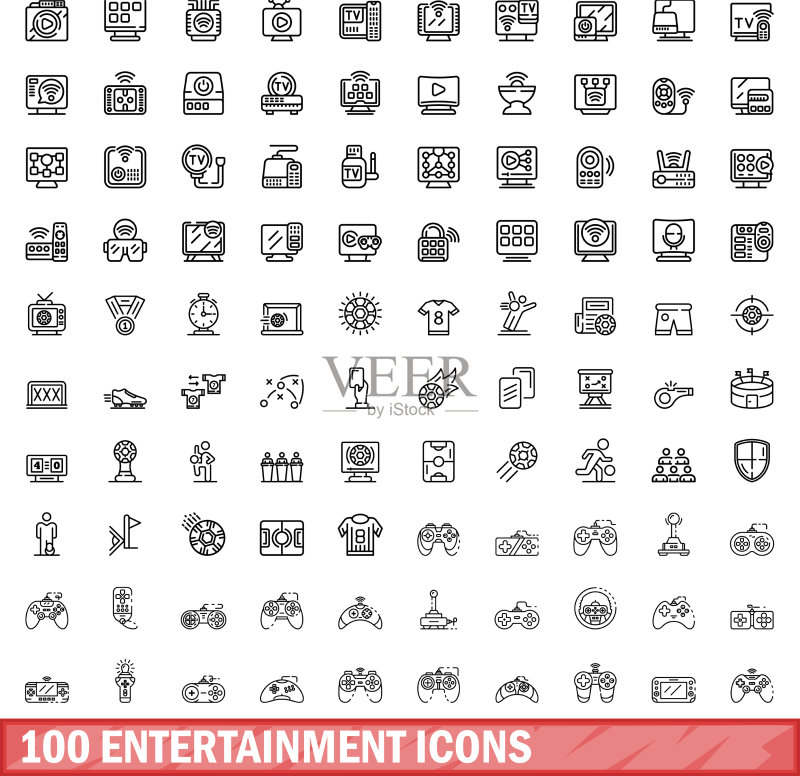 100个轮廓风格娱乐图标集图标素材