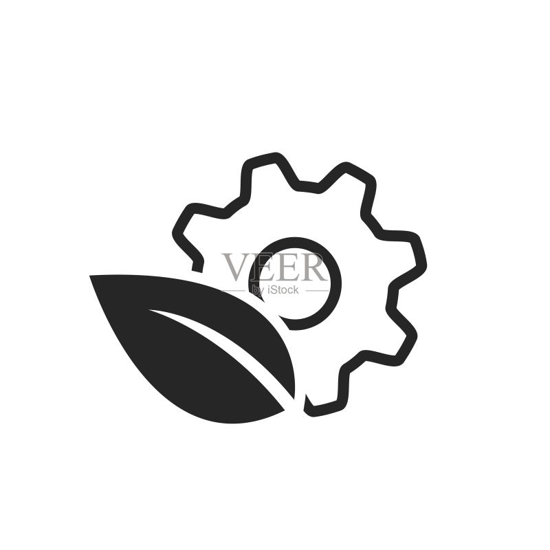 生态技术线性图标：机械齿轮和叶子图标素材