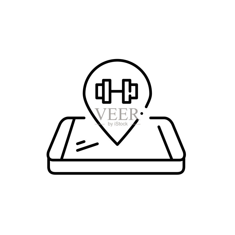 智能手机上的杠铃地图指针，健身俱乐部位置和应用程序，像素完美可编辑描边图标图标素材