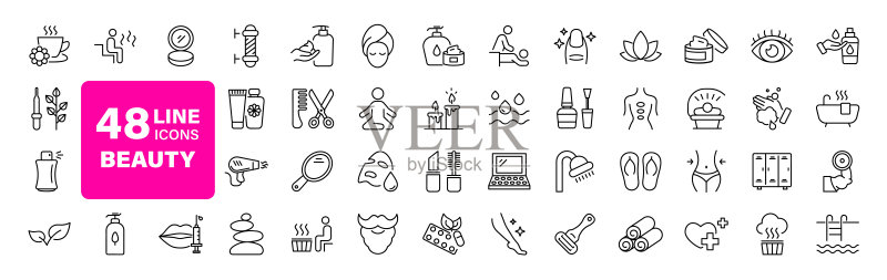 线条风格的美容和SPA Web图标集，用于Web和移动应用程序的化妆品服务和SPA图标，SPA护理，皮肤护理，按摩，透明质酸，精华液，抗衰老，毛孔收紧，美容图标素材