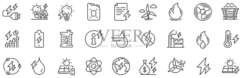 能源类型线性图标：煤车、太阳能电池板、水力发电图标。可持续电力。矢量图标素材