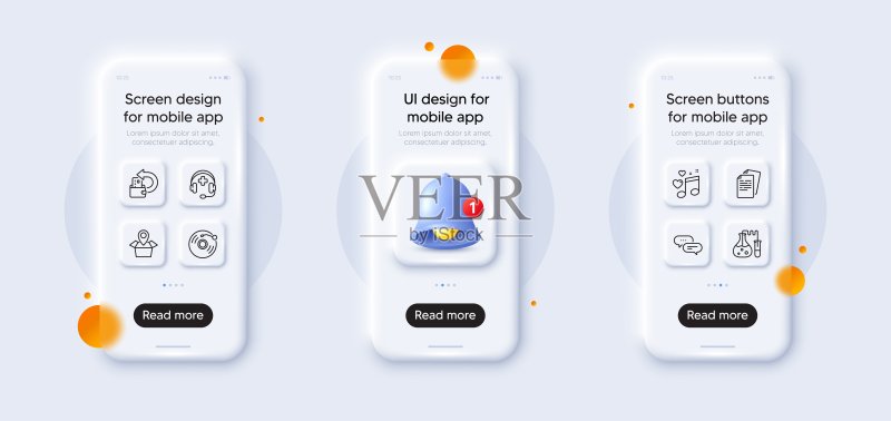 点状消息、包裹位置和现金返还线图标包。适用于Web应用程序。3D手机模型。矢量图标素材