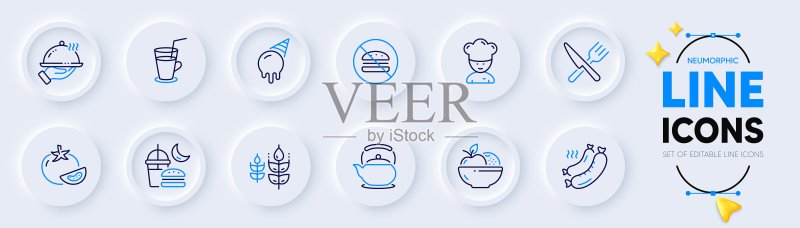 禁止汉堡包、番茄和茶壶线性图标图标素材