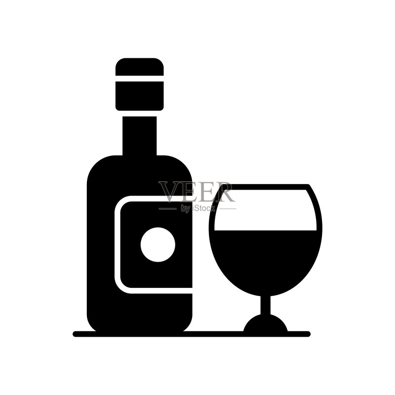 经典葡萄酒瓶和酒杯图标，象征放松和社交图标素材