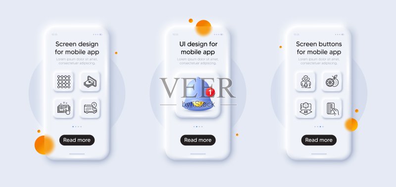 家庭保险、送货和技术文档线性图标包。适用于Web应用程序。3D手机模型。矢量图标素材