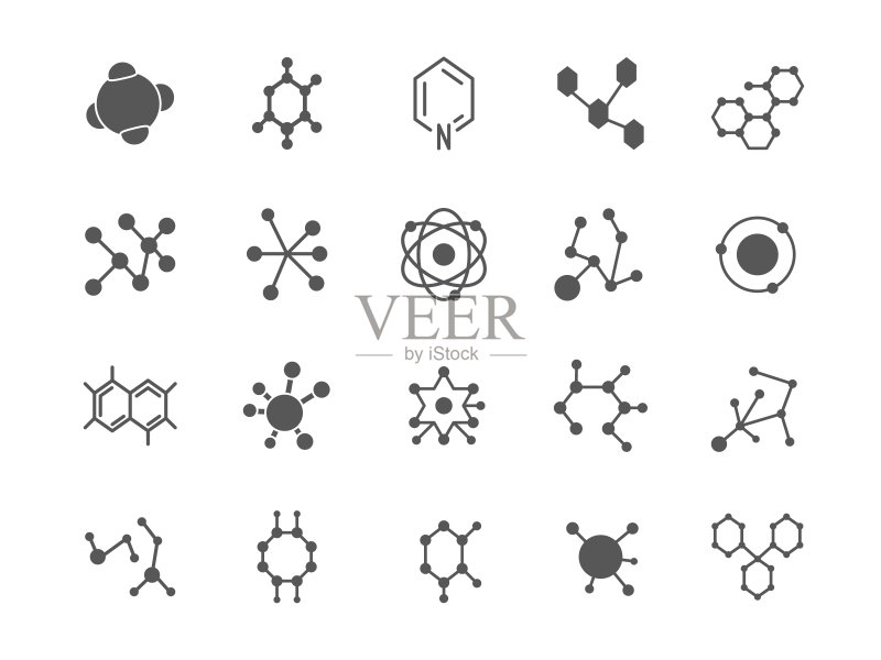 化学图标、分子式、原子结构、离子分子、生物蛋白和DNA模型、化学细胞、实验室研究、黑色元素矢量医疗象形图Logo合集图标素材