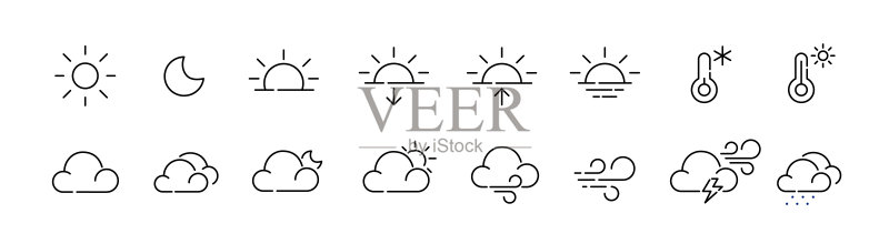 天气预报图标：晴、热、冷、多云、有风、雨。像素完美，可编辑描边图标图标素材