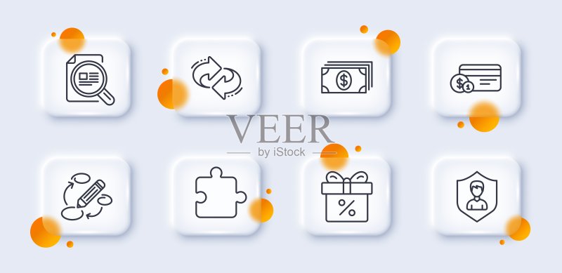 关键词、支付方式和文章检查线性图标包。用于Web应用程序。3D玻璃按钮。矢量图标素材