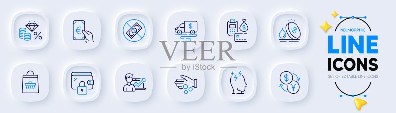 在线购买、钱包和现金转账线性图标，适用于Web应用程序。象形图图标。矢量图标素材