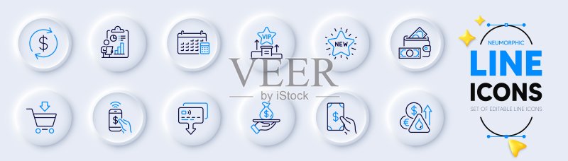 Web应用的卡片、新星和油价线性图标。矢量图图标素材