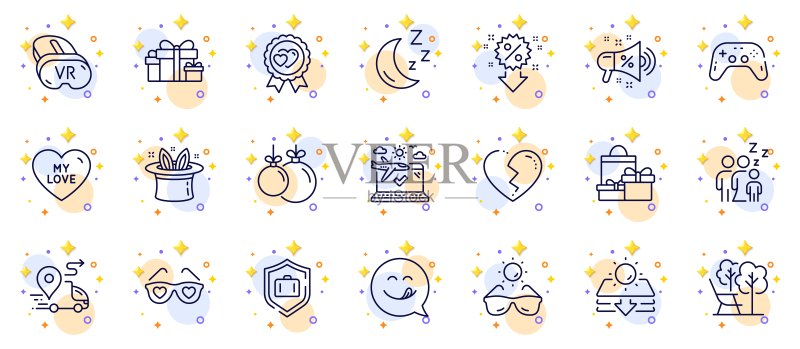 圣诞球、VR和折扣线条图标，适用于Web应用程序图标素材